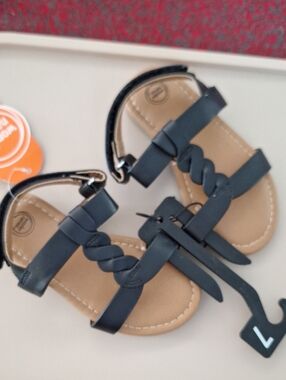 wonder nation Black Braided Strap Toddler Girls Sandals with Buckle